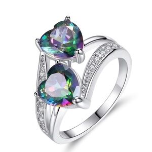 Mystic Topaz Dual Heart Cubic Zirconia Ring in Rhodium